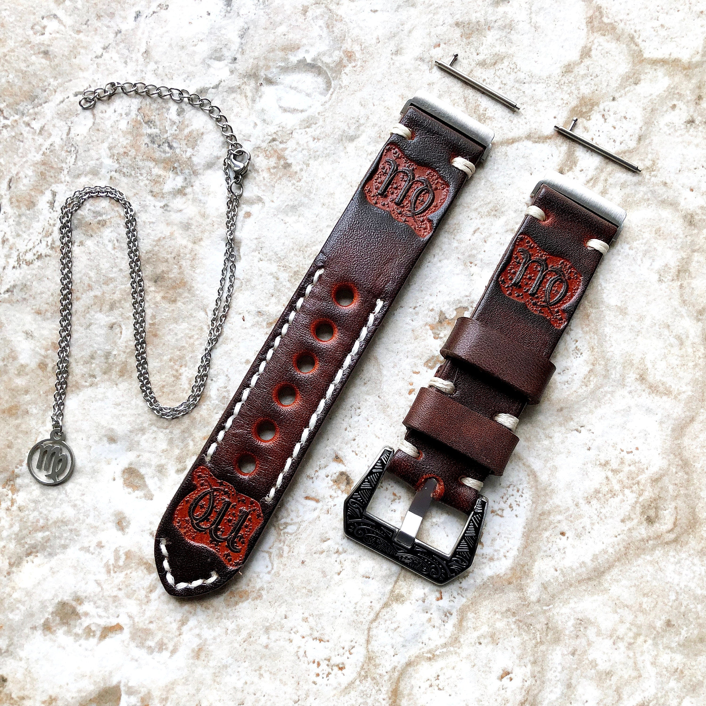 Fitbit Versa 2 3 4 Sense 2 Virgo Zodiac Set Band Strap Brown Tooled Embossed Leather in Silver Rose Gold Black and 25" Pendants Necklace